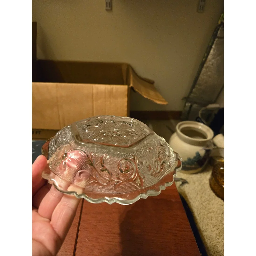 Vintage Clear Pressed Glass Floral Trinket Dish Scalloped Hexagon Candy Bowl
